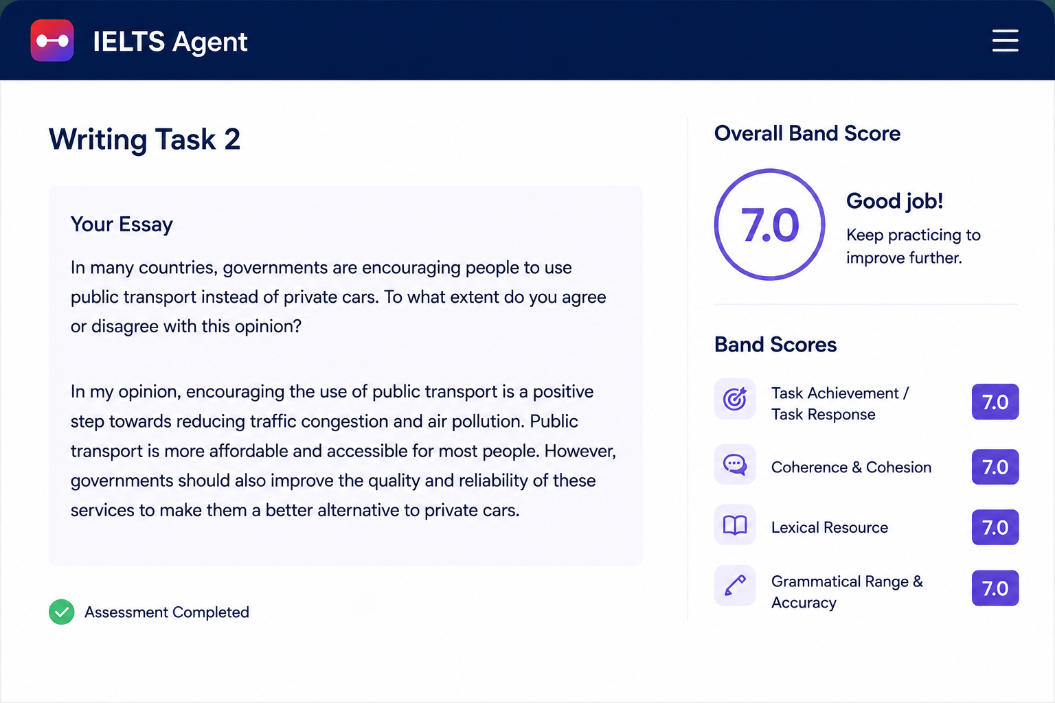 The IELTS Agent interface showing autonomous Writing Task 1 and Task 2 assessment after student submission