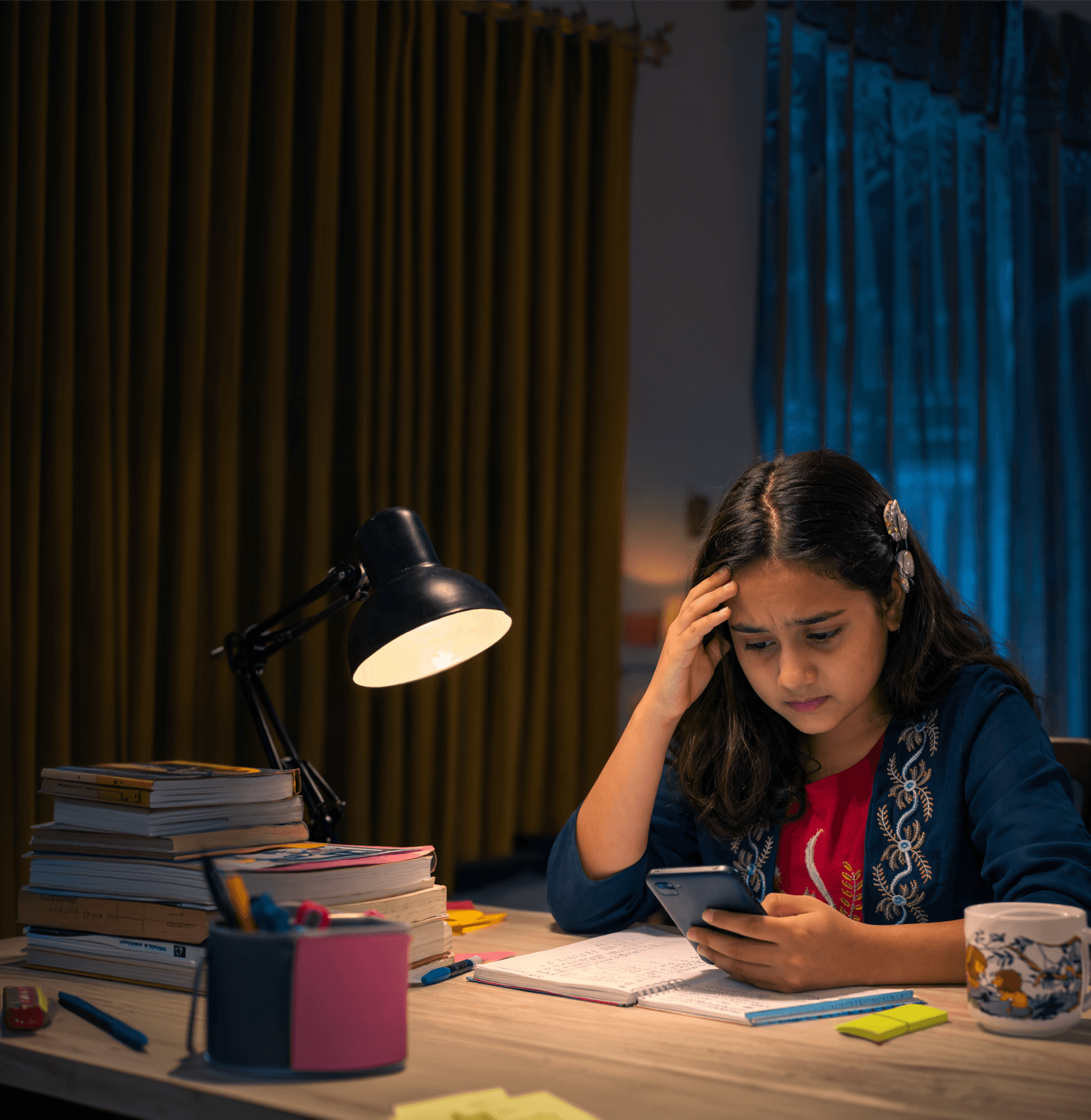 A student studying with a phone and notebook